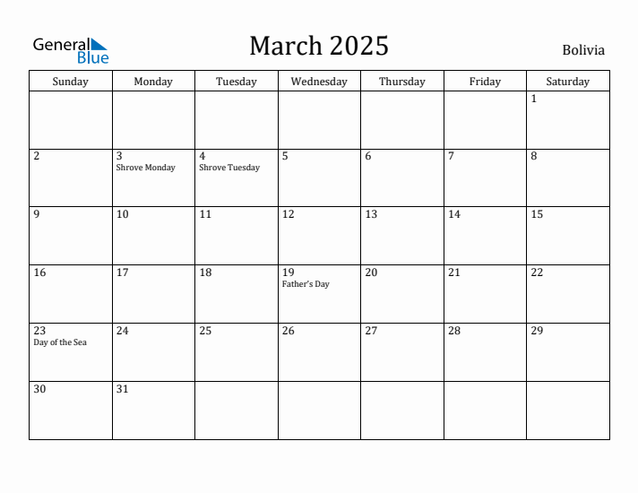 March 2025 Calendar Bolivia