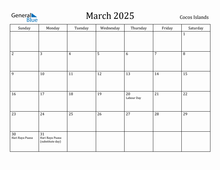 March 2025 Calendar Cocos Islands