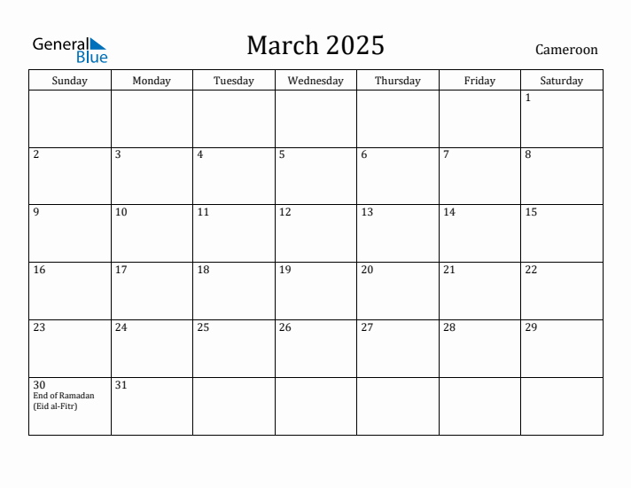 March 2025 Calendar Cameroon