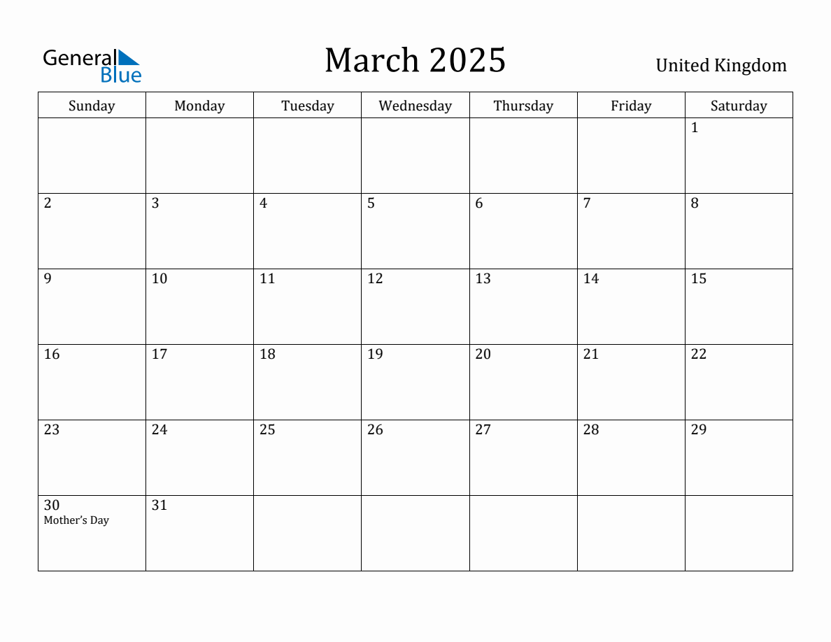 March 2025 monthly calendar with holidays in United Kingdom