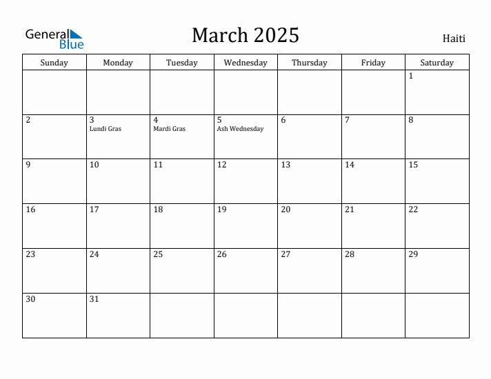 March 2025 Calendar Haiti