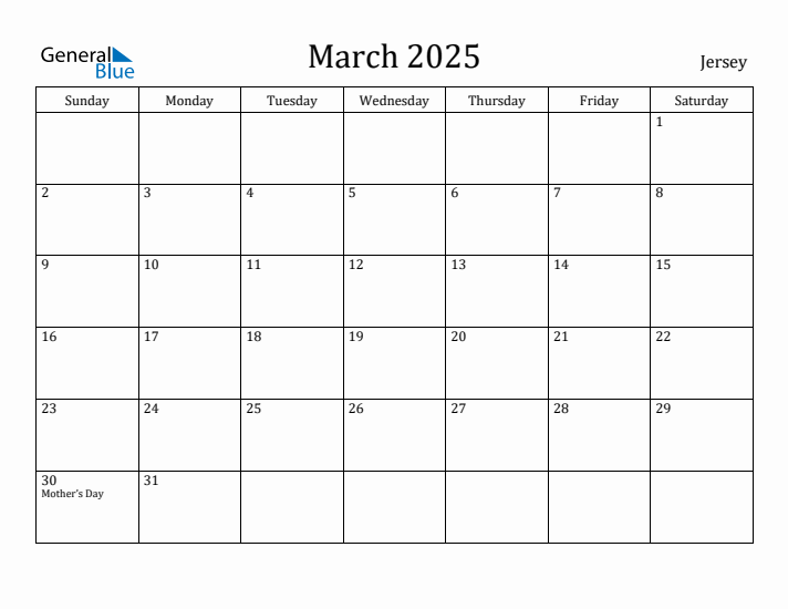 March 2025 Calendar Jersey