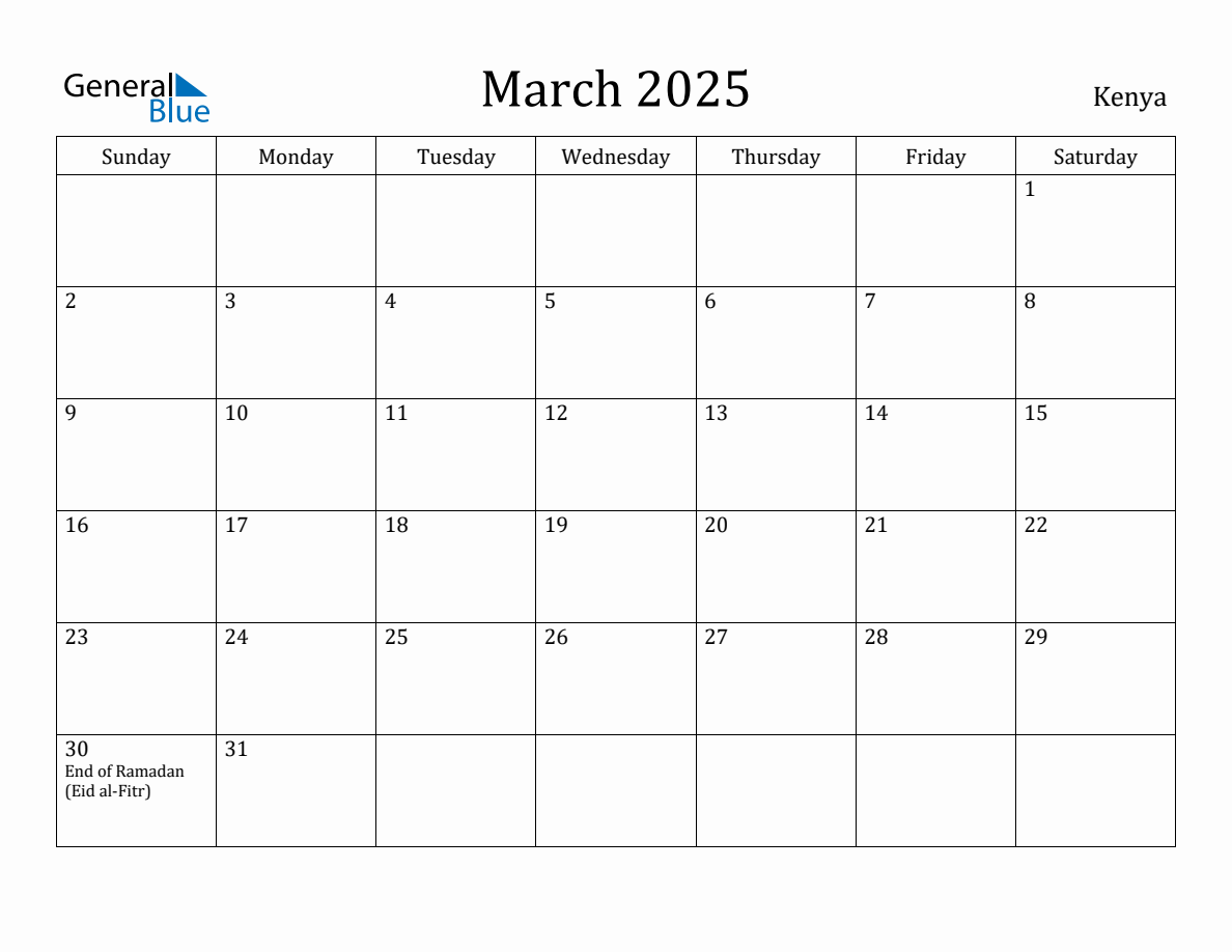 March 2025 monthly calendar with holidays in Kenya