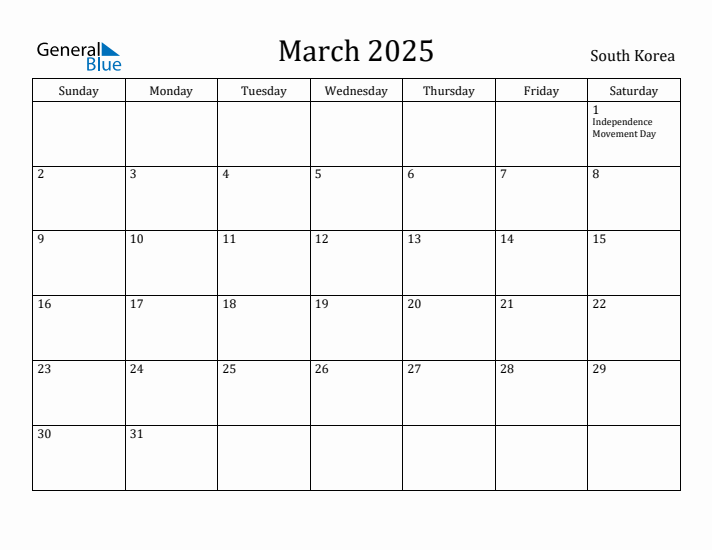 March 2025 Calendar South Korea