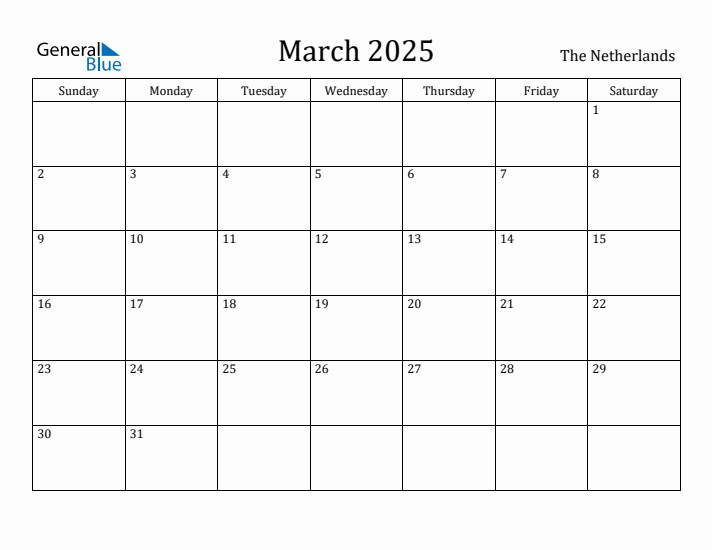 March 2025 Calendar The Netherlands