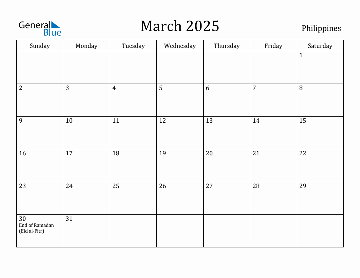 March 2025 monthly calendar with holidays in Philippines