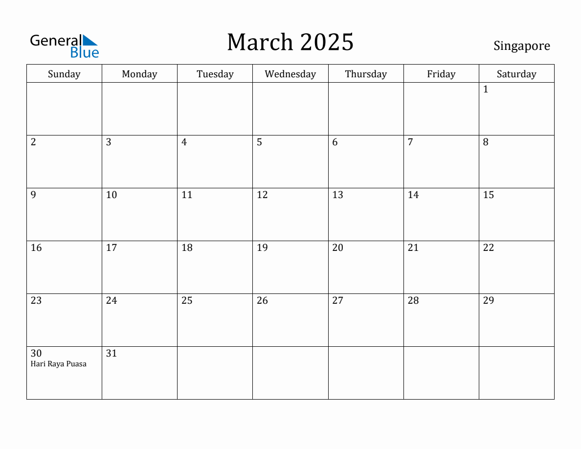 March 2025 monthly calendar with holidays in Singapore