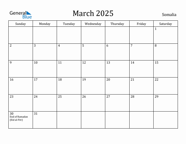 March 2025 Calendar Somalia