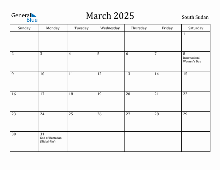 March 2025 Calendar South Sudan