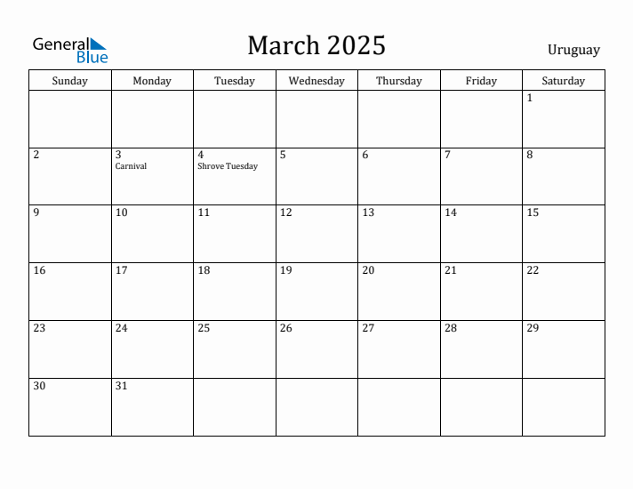 March 2025 Calendar Uruguay