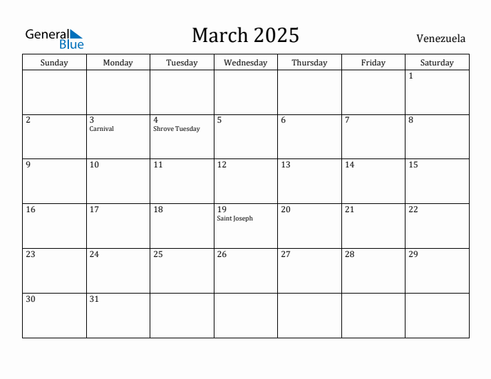 March 2025 Calendar Venezuela