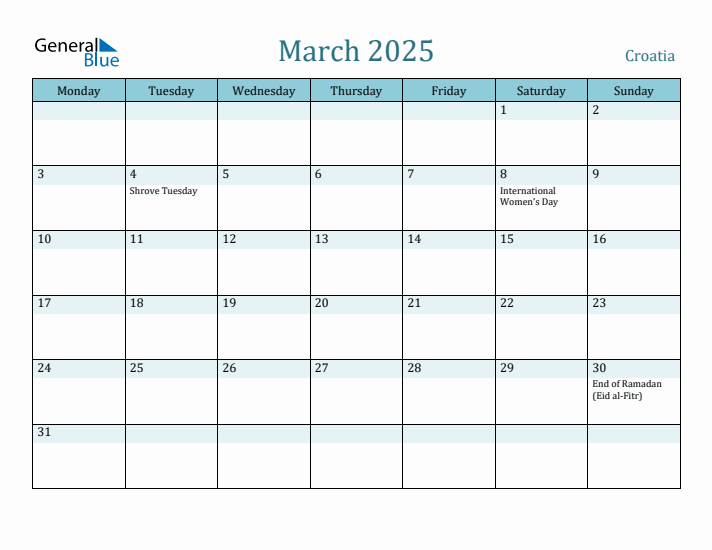 March 2025 Calendar with Holidays