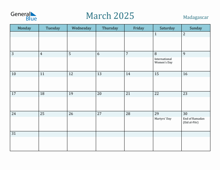 March 2025 Calendar with Holidays