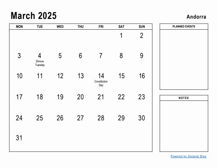 March 2025 Printable Monthly Calendar with Andorra Holidays