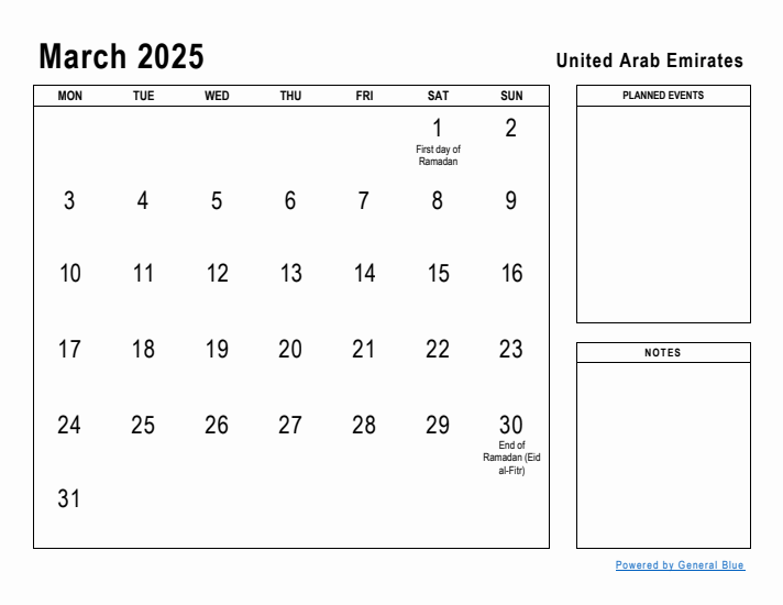 March 2025 Printable Monthly Calendar with United Arab Emirates Holidays