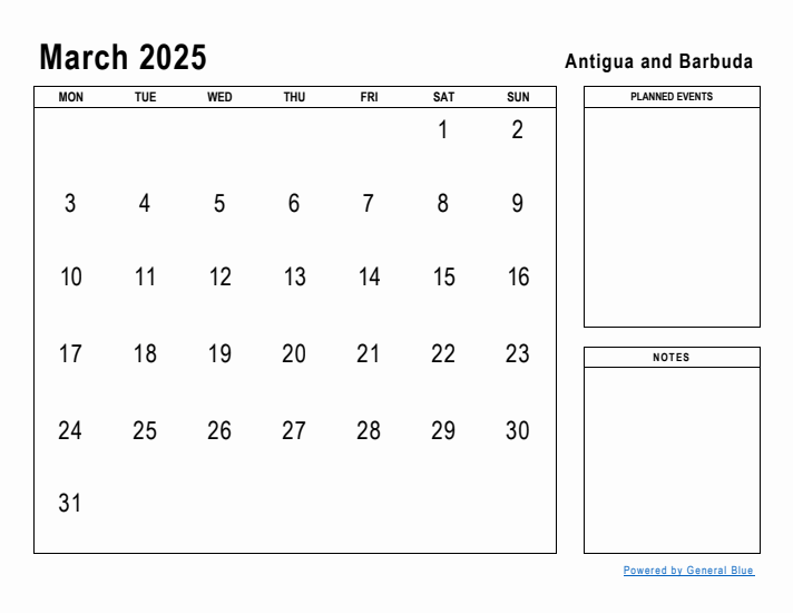 March 2025 Printable Monthly Calendar with Antigua and Barbuda Holidays