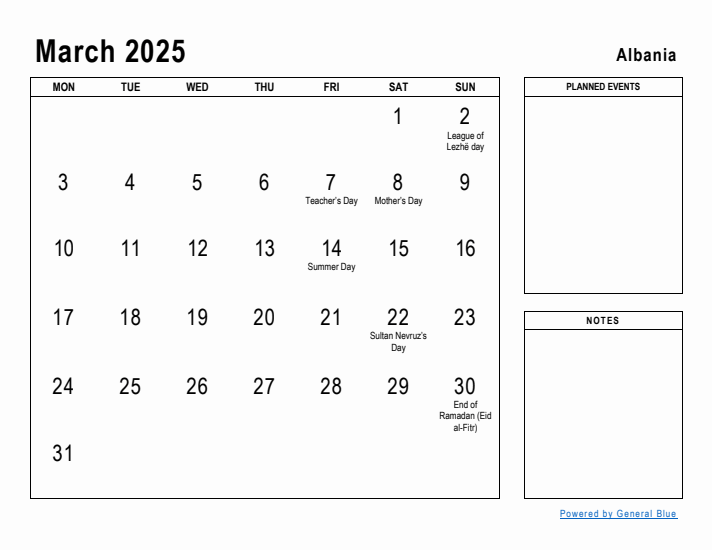 March 2025 Printable Monthly Calendar with Albania Holidays