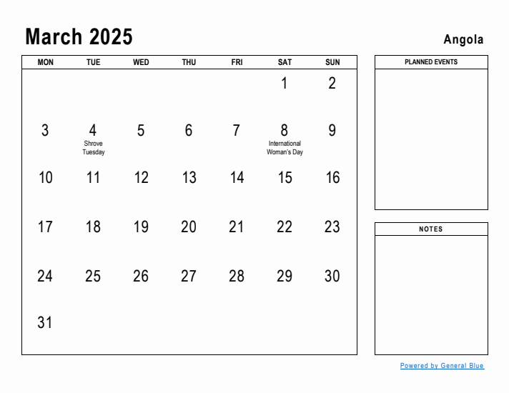 March 2025 Printable Monthly Calendar with Angola Holidays