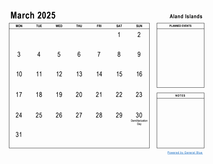 March 2025 Printable Monthly Calendar with Aland Islands Holidays