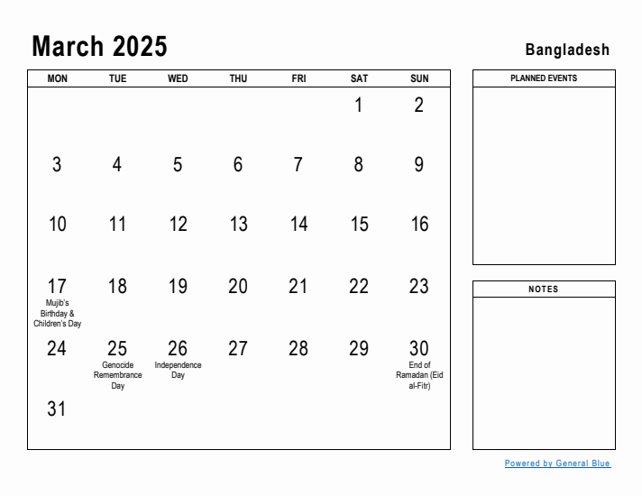 March 2025 Printable Monthly Calendar with Bangladesh Holidays