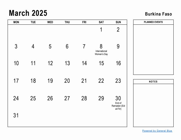 March 2025 Printable Monthly Calendar with Burkina Faso Holidays