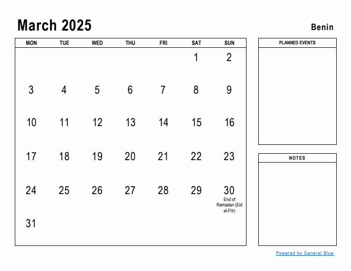 March 2025 Printable Monthly Calendar with Benin Holidays