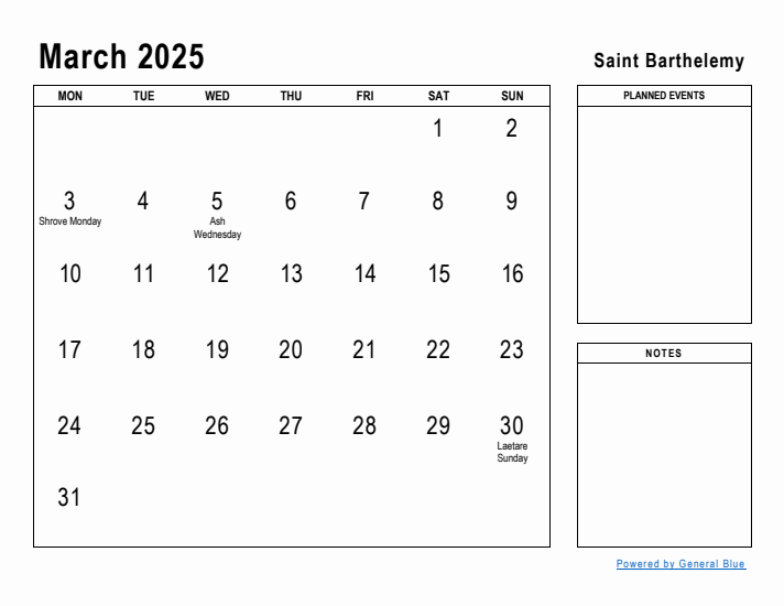 March 2025 Printable Monthly Calendar with Saint Barthelemy Holidays