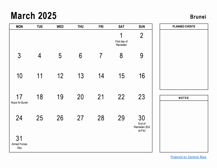 March 2025 Printable Monthly Calendar with Brunei Holidays