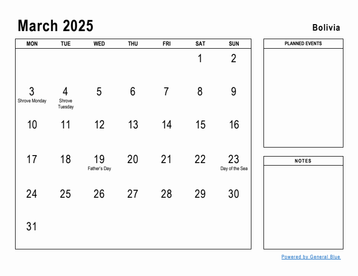 March 2025 Printable Monthly Calendar with Bolivia Holidays