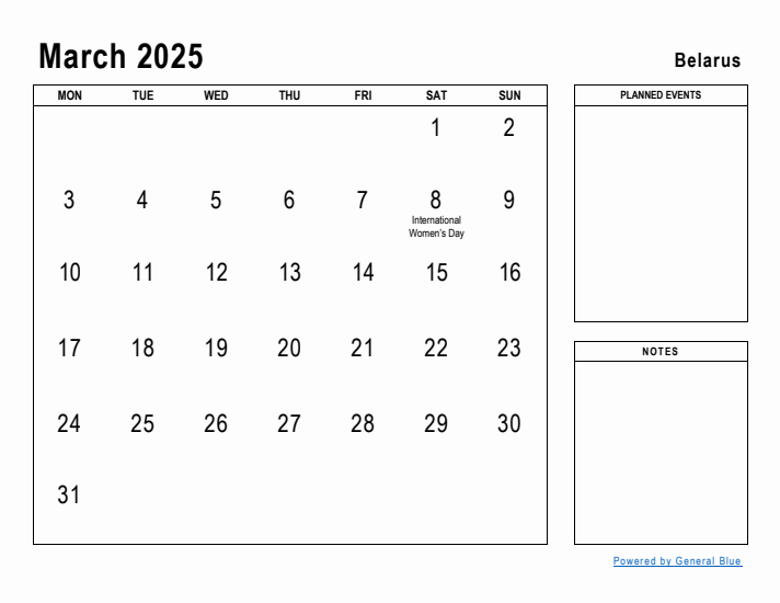 March 2025 Printable Monthly Calendar with Belarus Holidays