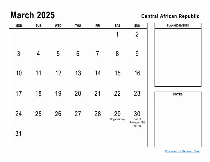 March 2025 Printable Monthly Calendar with Central African Republic Holidays