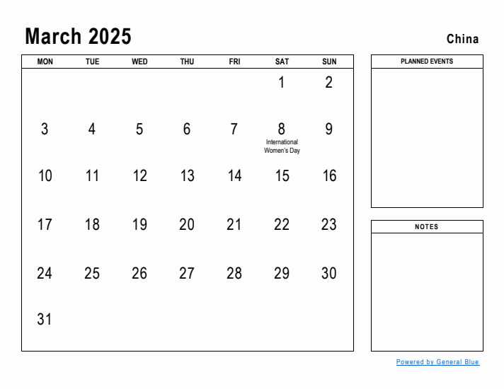 March 2025 Printable Monthly Calendar with China Holidays