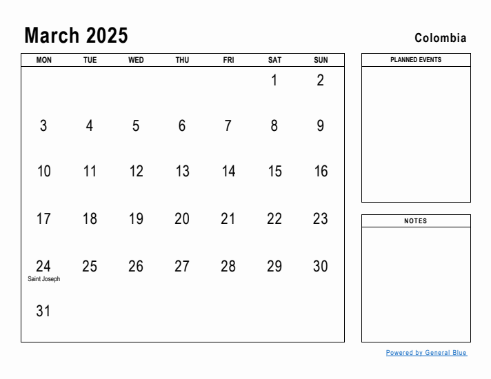 March 2025 Printable Monthly Calendar with Colombia Holidays