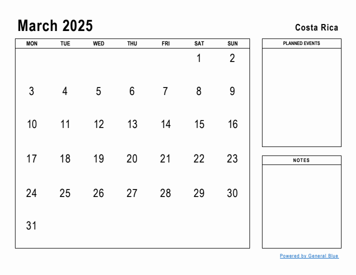 March 2025 Printable Monthly Calendar with Costa Rica Holidays