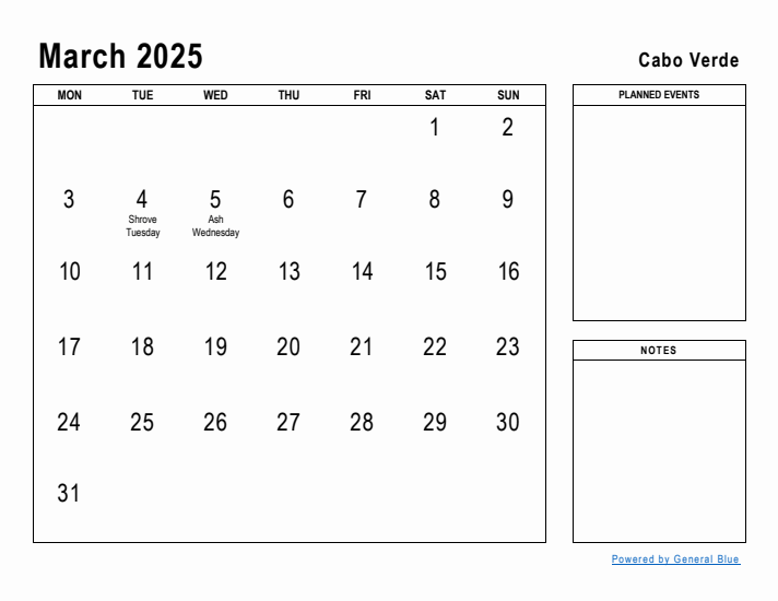 March 2025 Printable Monthly Calendar with Cabo Verde Holidays