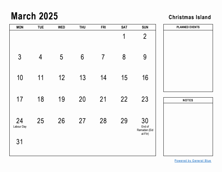 March 2025 Printable Monthly Calendar with Christmas Island Holidays