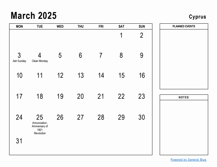 March 2025 Printable Monthly Calendar with Cyprus Holidays