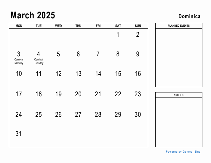 March 2025 Printable Monthly Calendar with Dominica Holidays