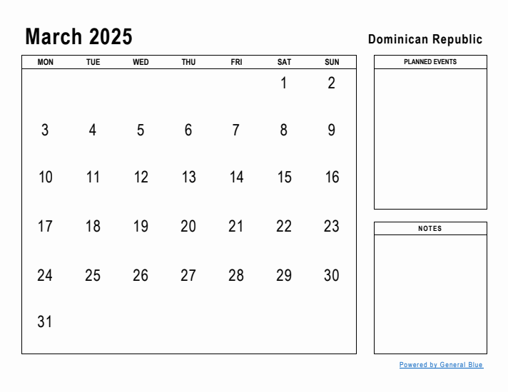 March 2025 Printable Monthly Calendar with Dominican Republic Holidays