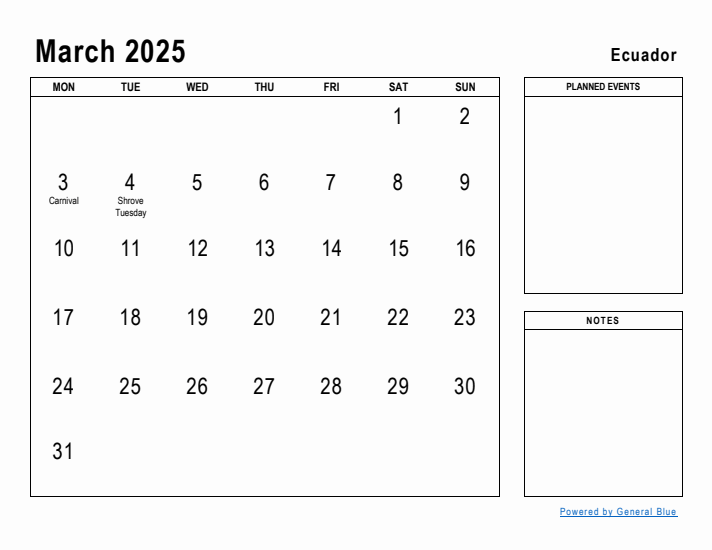 March 2025 Printable Monthly Calendar with Ecuador Holidays