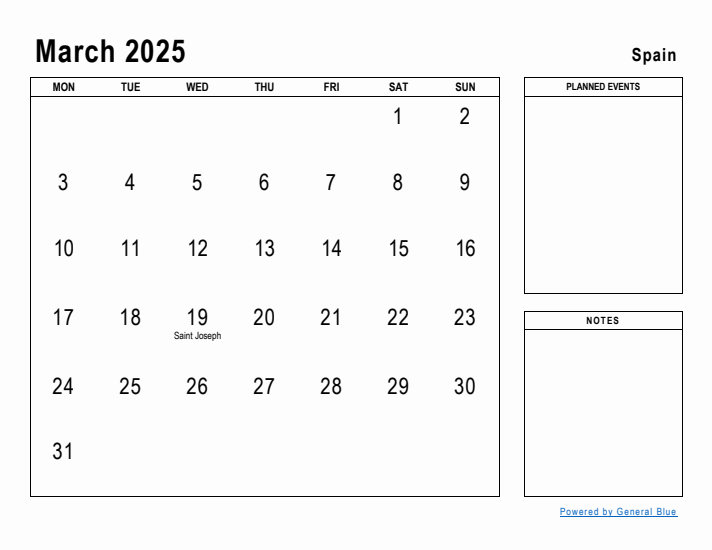 March 2025 Printable Monthly Calendar with Spain Holidays