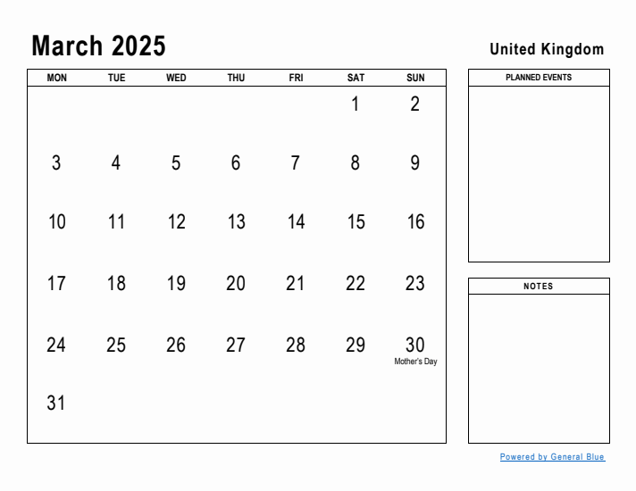 March 2025 Printable Monthly Calendar with United Kingdom Holidays