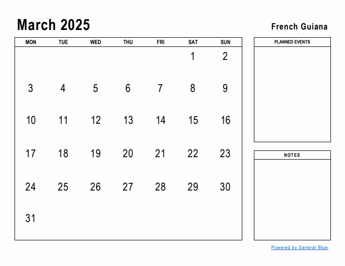 March 2025 Printable Monthly Calendar with French Guiana Holidays