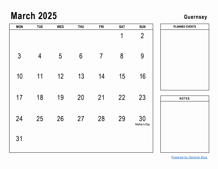 March 2025 Printable Monthly Calendar with Guernsey Holidays