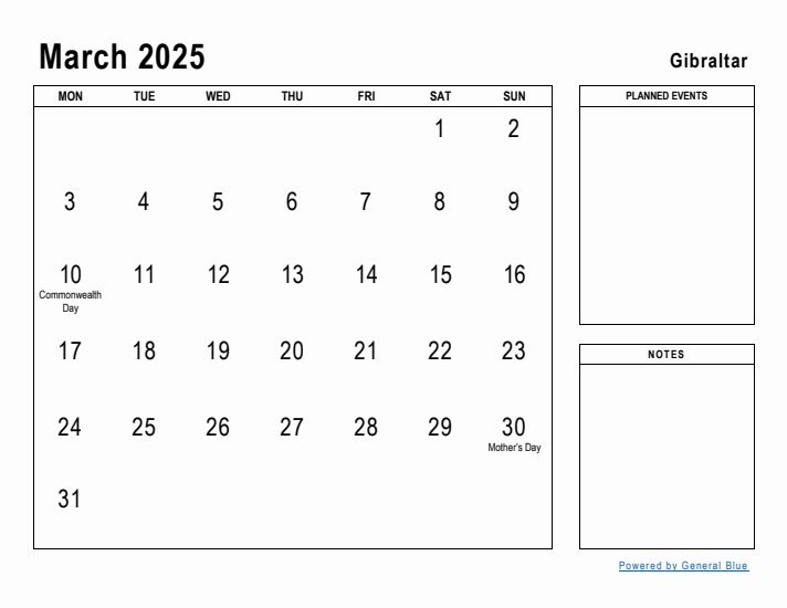 March 2025 Printable Monthly Calendar with Gibraltar Holidays