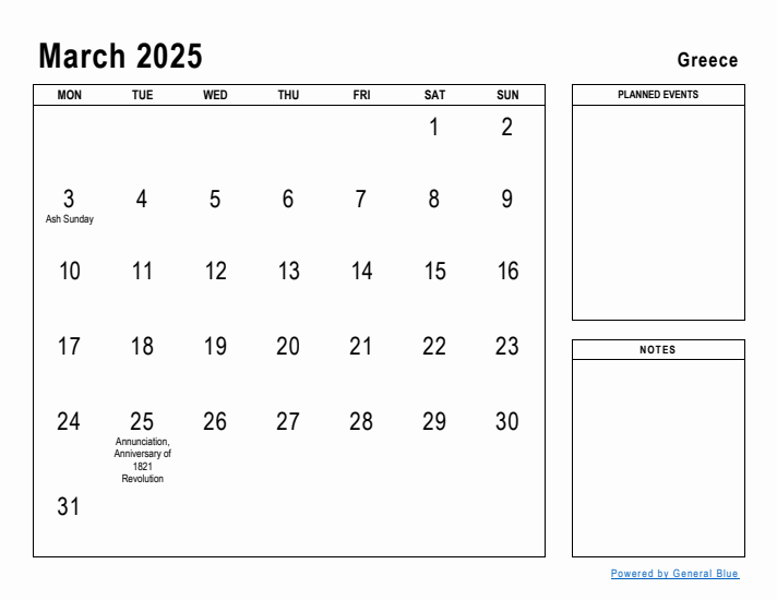 March 2025 Printable Monthly Calendar with Greece Holidays