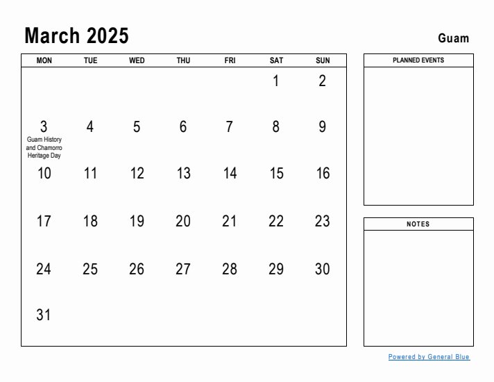 March 2025 Printable Monthly Calendar with Guam Holidays