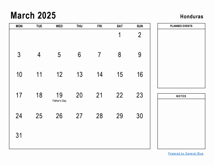 March 2025 Printable Monthly Calendar with Honduras Holidays