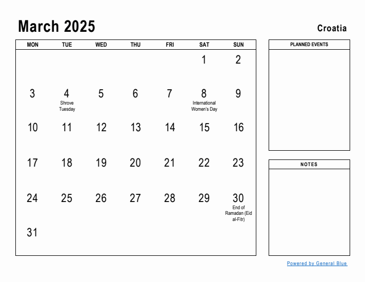 March 2025 Printable Monthly Calendar with Croatia Holidays