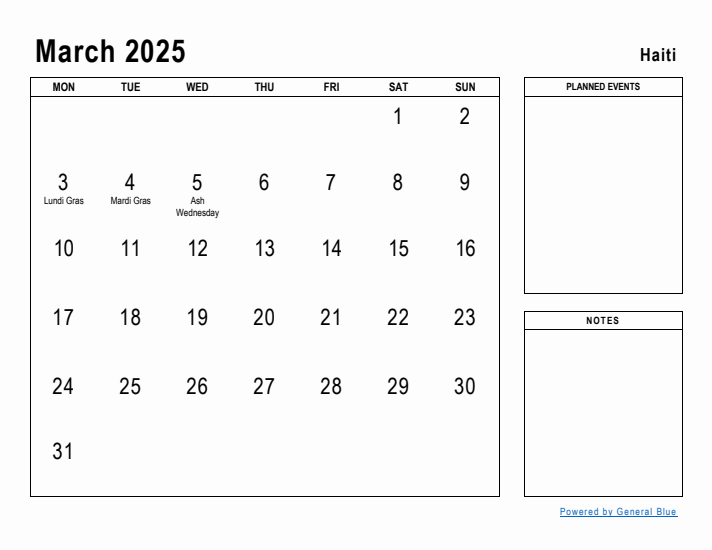 March 2025 Printable Monthly Calendar with Haiti Holidays